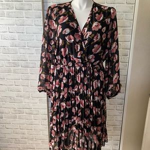Indigo Rose Floral Pleated Long Sleeve Dress